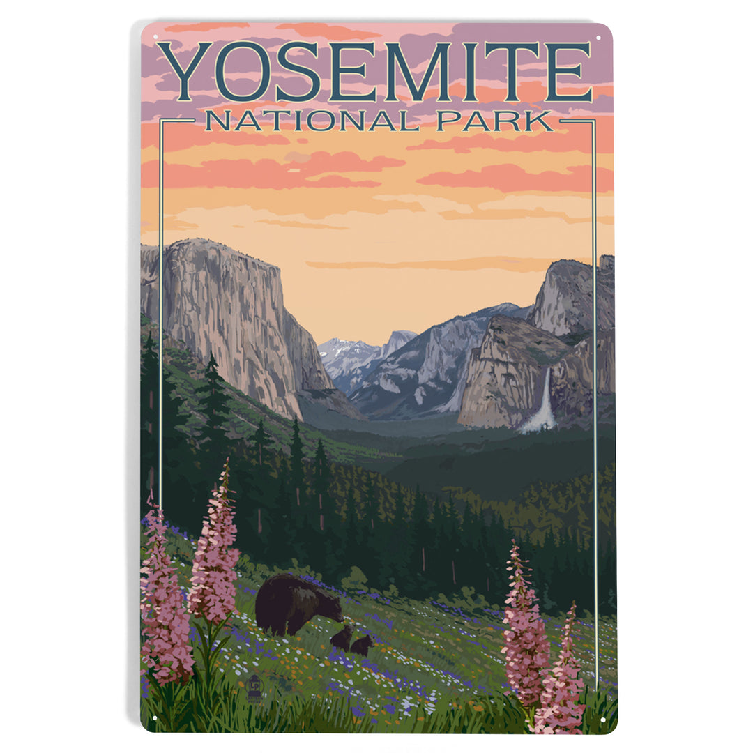 Yosemite National Park, California, Bear and Cubs with Flowers, Metal Signs