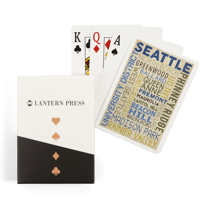 Playing Cards, Seattle, Washington, Neighborhoods Typography, 52 Card Deck with Jokers in Box, Unique Art