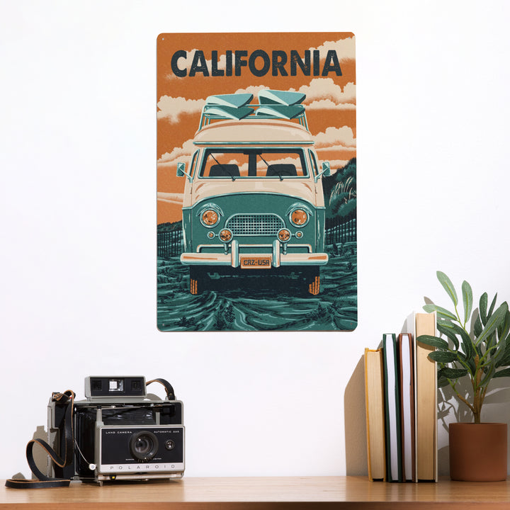 California, Letterpress, Camper Van, Metal Signs - Lantern Press