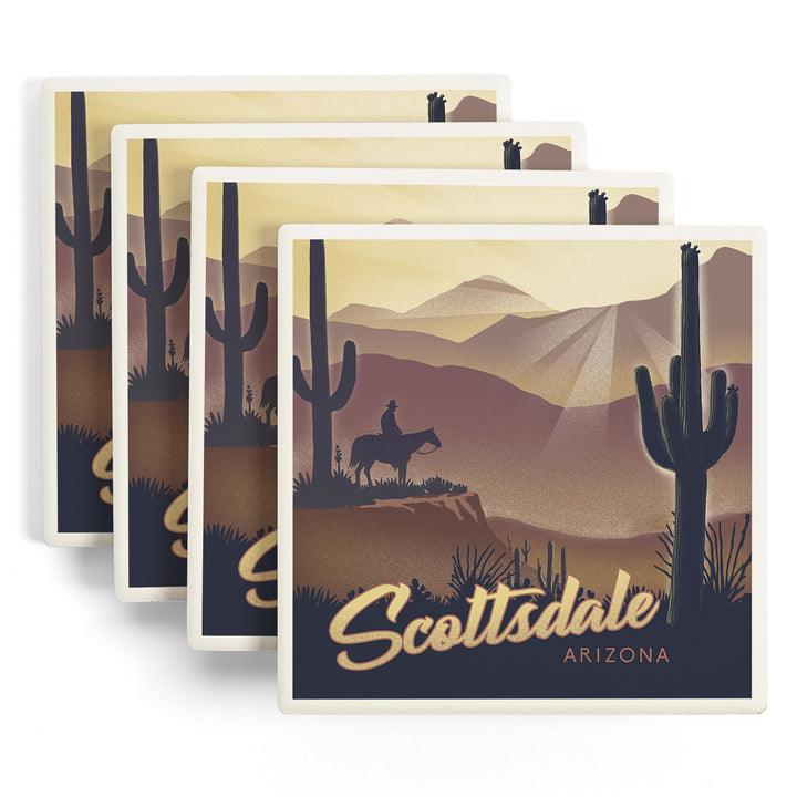 Scottsdale, Arizona, Lithograph, Desert Scene, Coaster Set