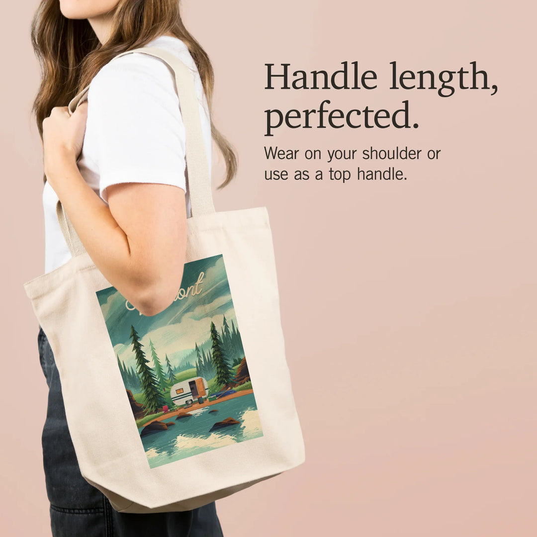 Vermont, Get Outside, At Home Anywhere, Camper in Evergreens, Tote Bag