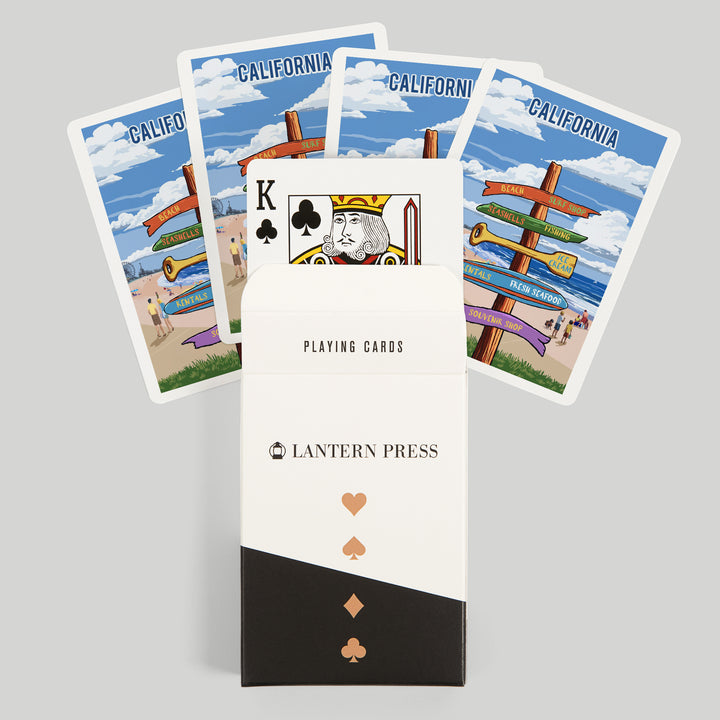 Playing Cards, California, Signpost, Coast Beach with Pier, 52 Card Deck with Jokers in Box, Unique Art
