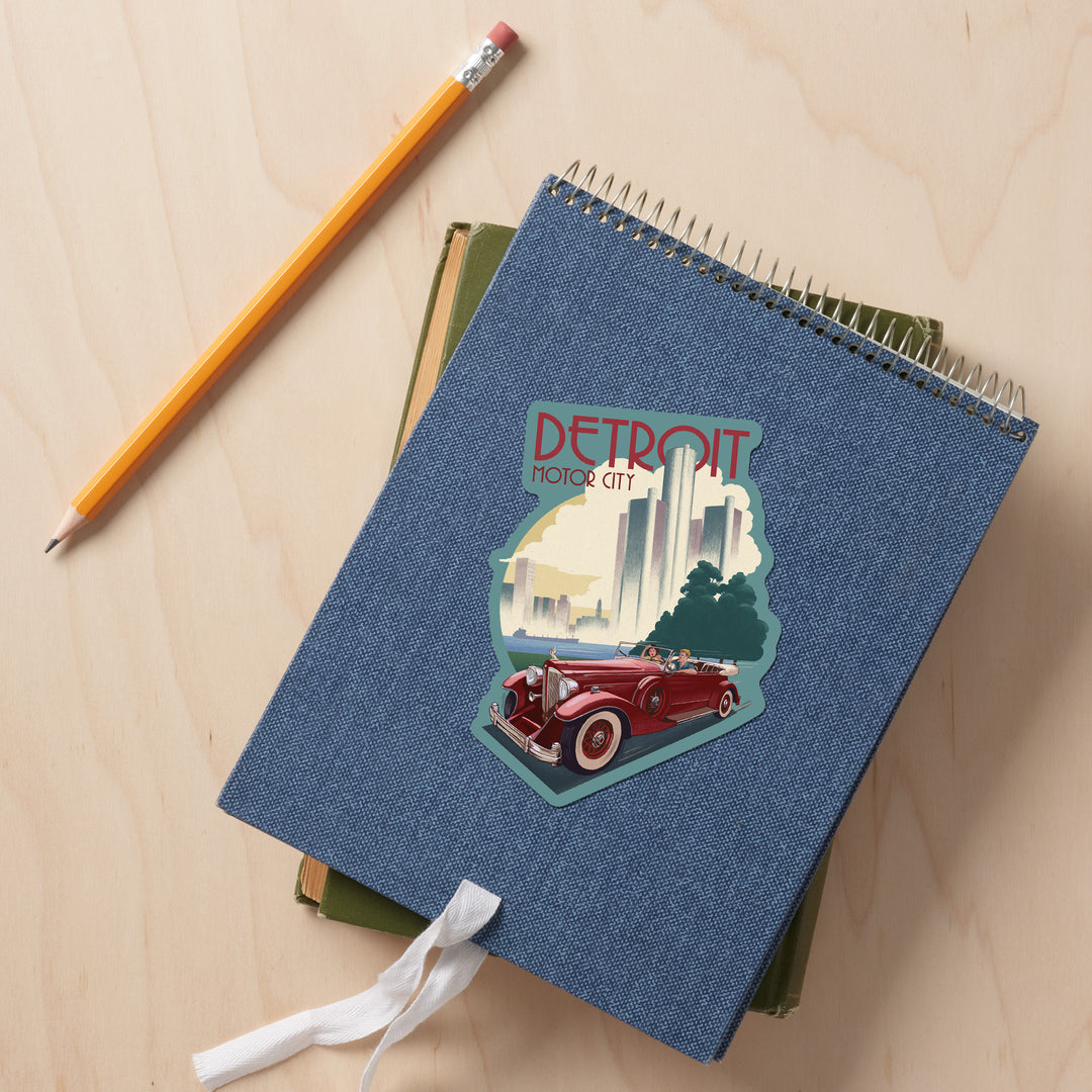 Detroit, Michigan, Vintage Car & Skyline, Contour, Lantern Press Artwork, Vinyl Sticker