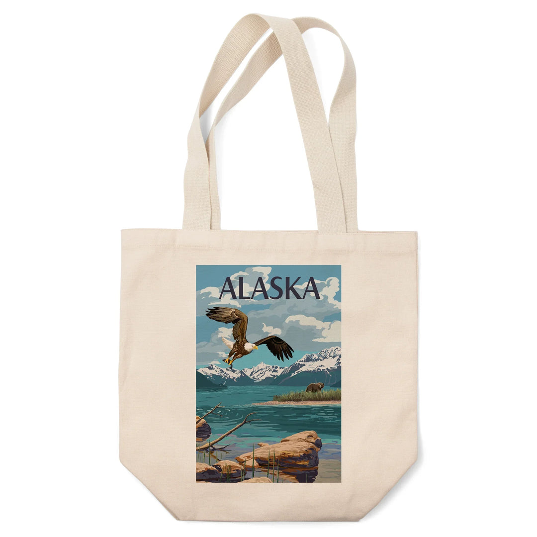 Alaska, Painterly, Lake Scene, Bald Eagle and Bear, Tote Bag