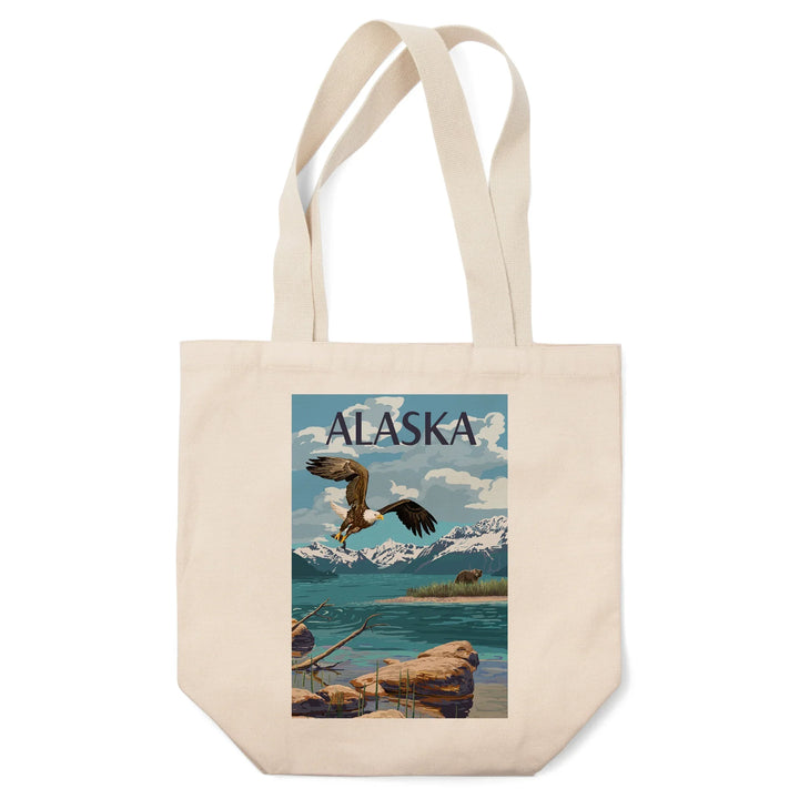 Alaska, Painterly, Lake Scene, Bald Eagle and Bear, Tote Bag
