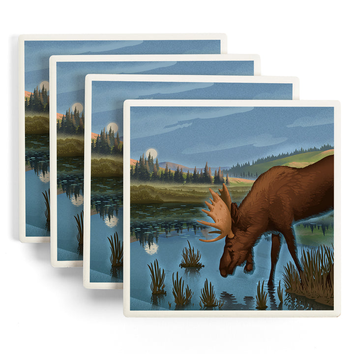 Lithograph, Reflection Pond and Bull Moose,, Coasters