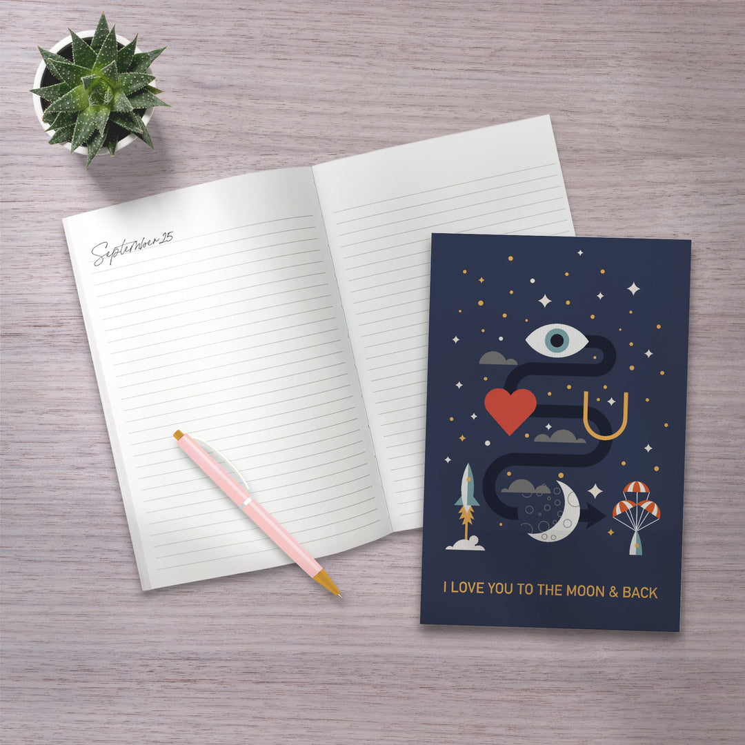 Lined 6x9 Journal, Equations and Emojis Collection, I Love You To The Moon And Back, Lay Flat, 193 Pages, FSC paper