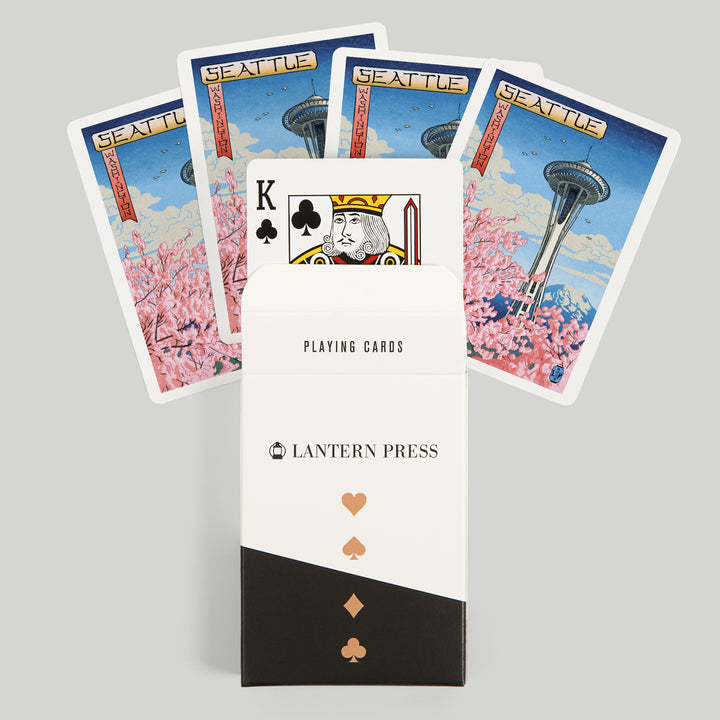 Playing Cards, Space Needle, Cherry Blossoms Woodblock, Seattle, Washington, 52 Card Deck with Jokers in Box, Unique Art
