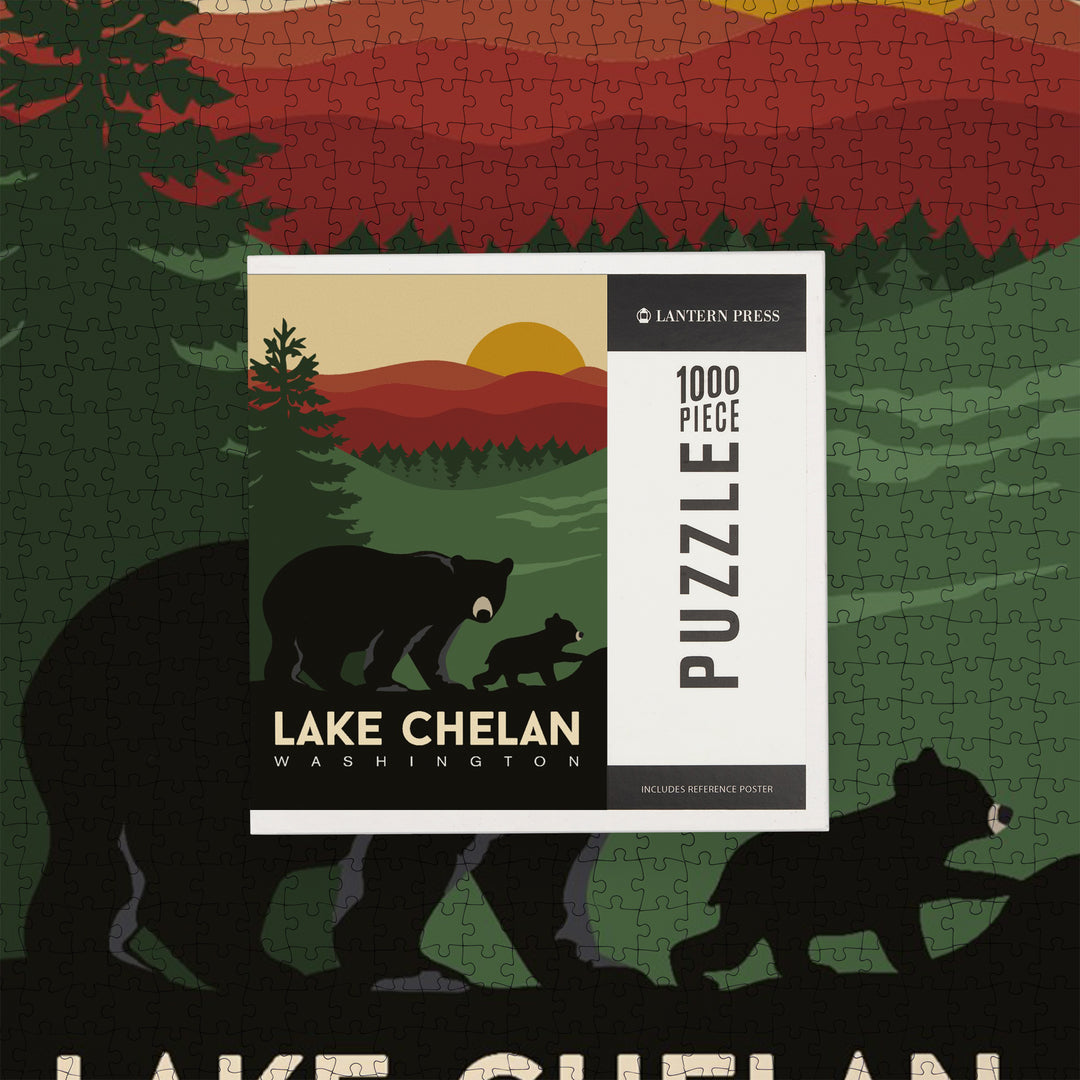 Lake Chelan, Washington, Bear and Cub, Vector, Fall Colors, Jigsaw Puzzle