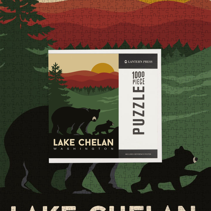 Lake Chelan, Washington, Bear and Cub, Vector, Fall Colors, Jigsaw Puzzle