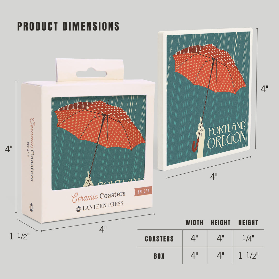 Portland, Oregon, Umbrella, Letterpress, Coasters