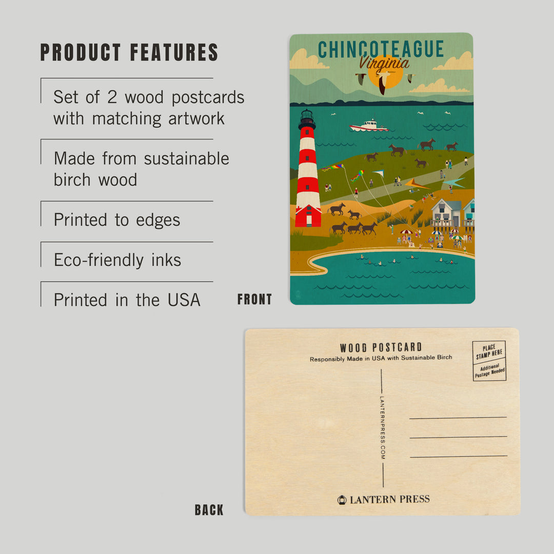 Chinconteague, Virginia, Geometric, Beach, Ocean, and Lighthouse, Wood Sign and Postcards