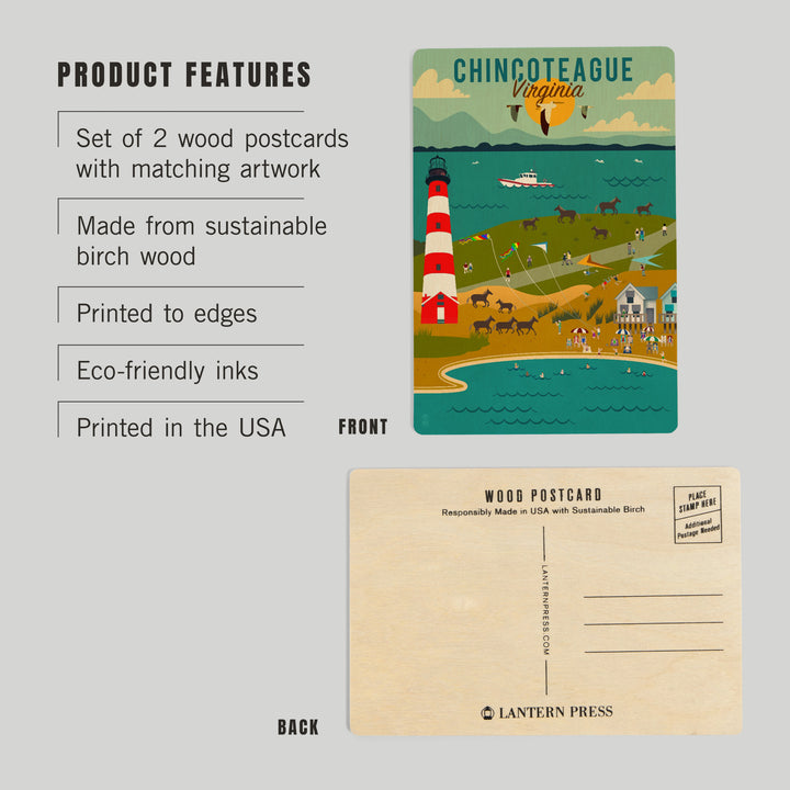 Chinconteague, Virginia, Geometric, Beach, Ocean, and Lighthouse, Wood Sign and Postcards