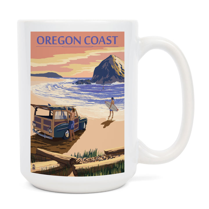 Oregon Coast, Woody with Haystack Rock, Lantern Press Artwork, Ceramic Mug