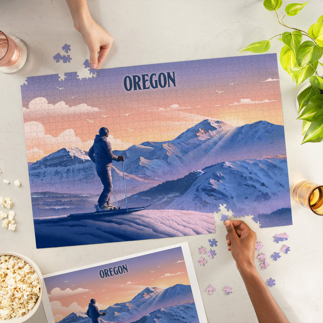 Oregon, Lithograph, Skier At The Top, 1000 Piece Jigsaw Puzzle