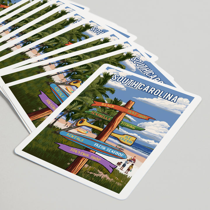 Playing Cards, South Carolina, Signpost, Coast Beach with Palms, 52 Card Deck with Jokers in Box, Unique Art