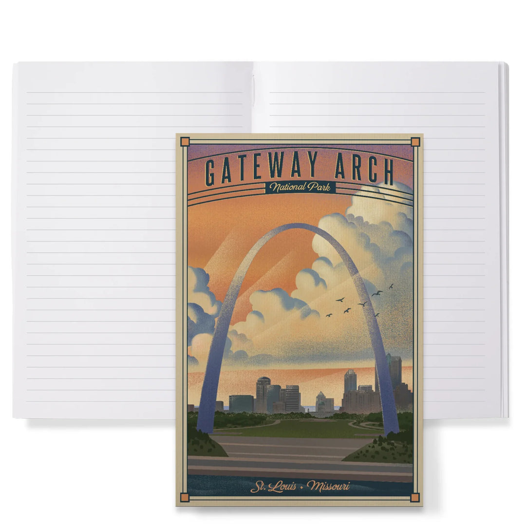 Lined 6x9 Journal, Gateway Arch National Park, Missouri, Lithograph National Park Series, Lay Flat, 193 Pages, FSC paper