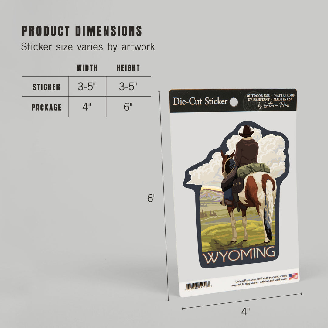 Wyoming, Cowboy & Horse, Contour, Lantern Press Artwork, Vinyl Sticker