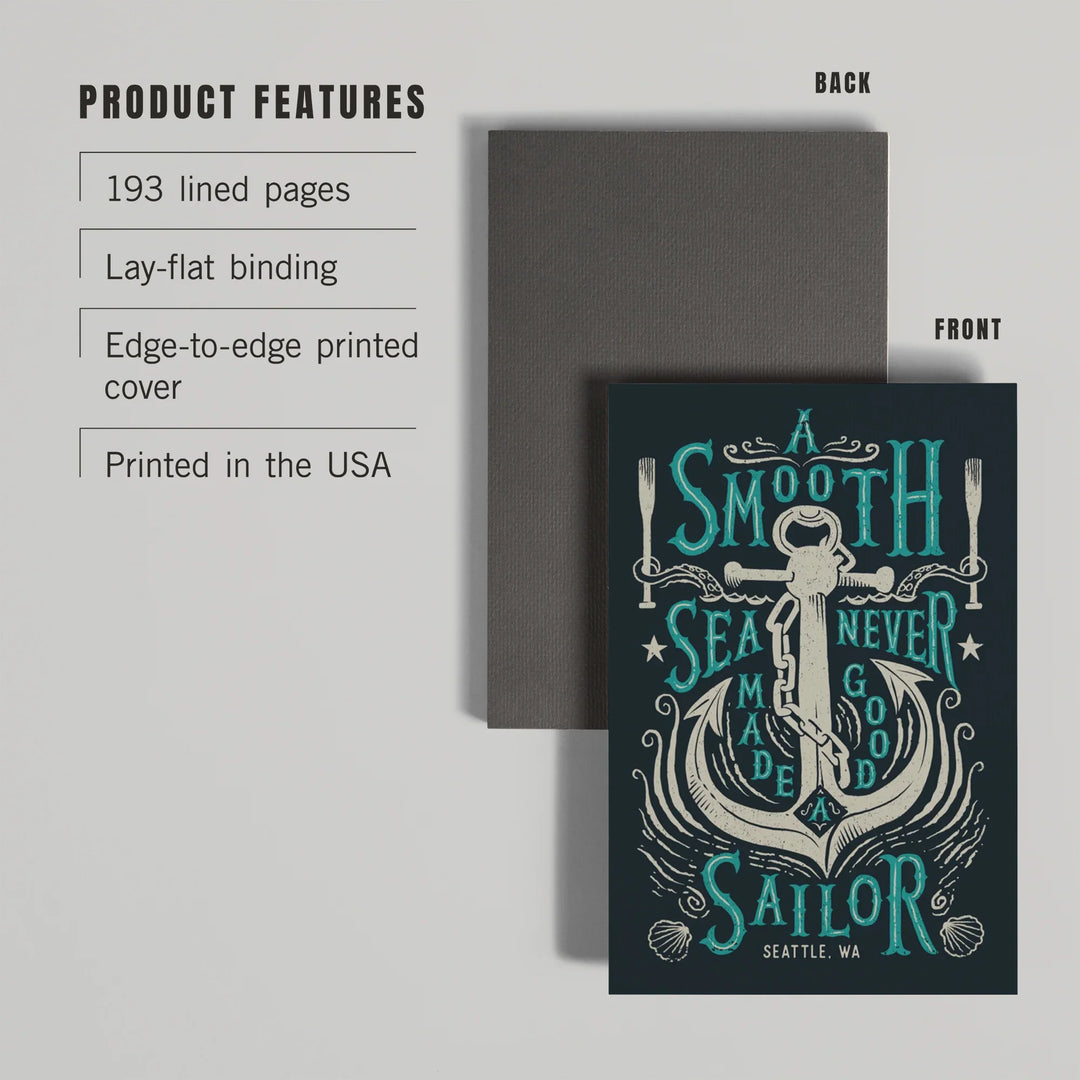 Lined 6x9 Journal, Seattle, Washington, Sailor's Pride Collection, Anchor, A Smooth Sea, Lay Flat, 193 Pages, FSC paper