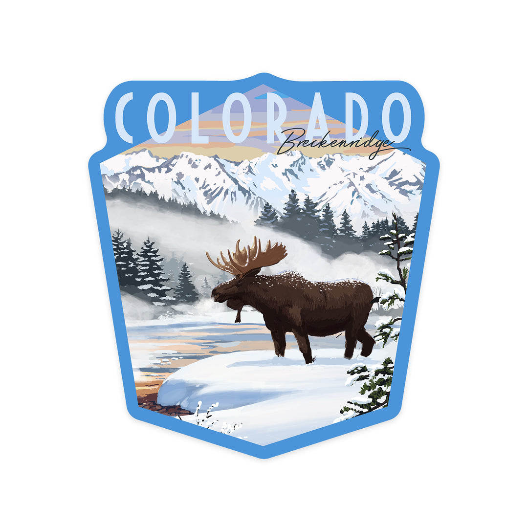 Breckenridge, Colorado, Moose, Winter Scene, Contour, Lantern Press Artwork, Vinyl Sticker