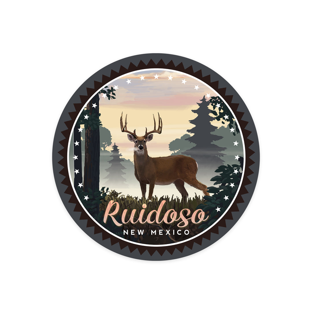 Ruidoso, New Mexico, Deer and Sunrise, Contour, Vinyl Sticker