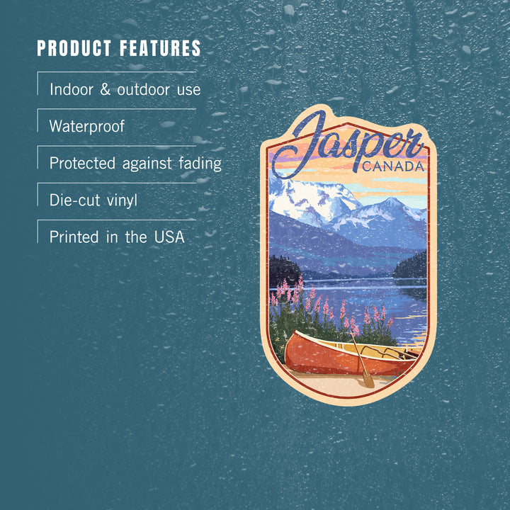 Jasper, Canada, Lake Scene & Canoe, Contour, Lantern Press Artwork, Vinyl Sticker