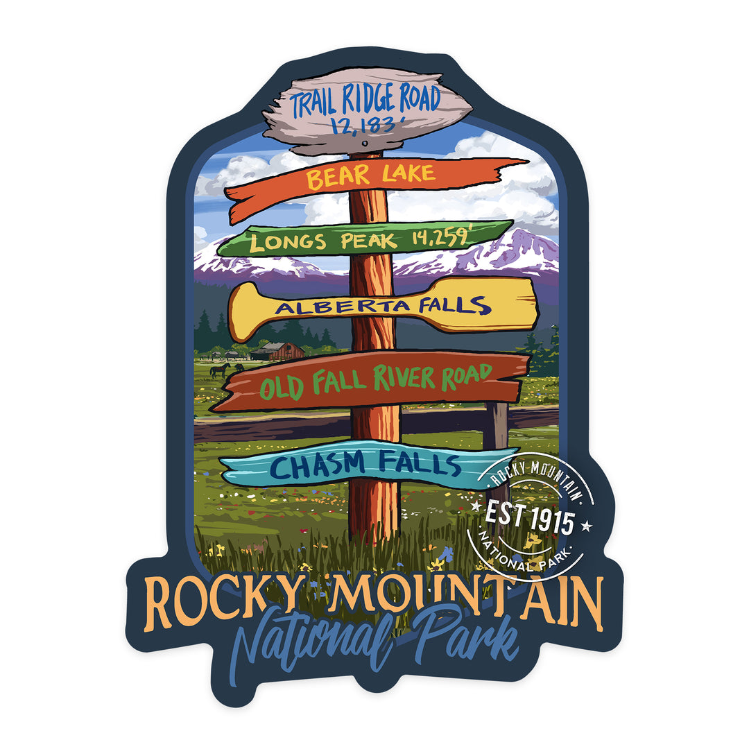 Rocky Mountain National Park, Colorado, Destination Signpost, Contour, Lantern Press Artwork, Vinyl Sticker