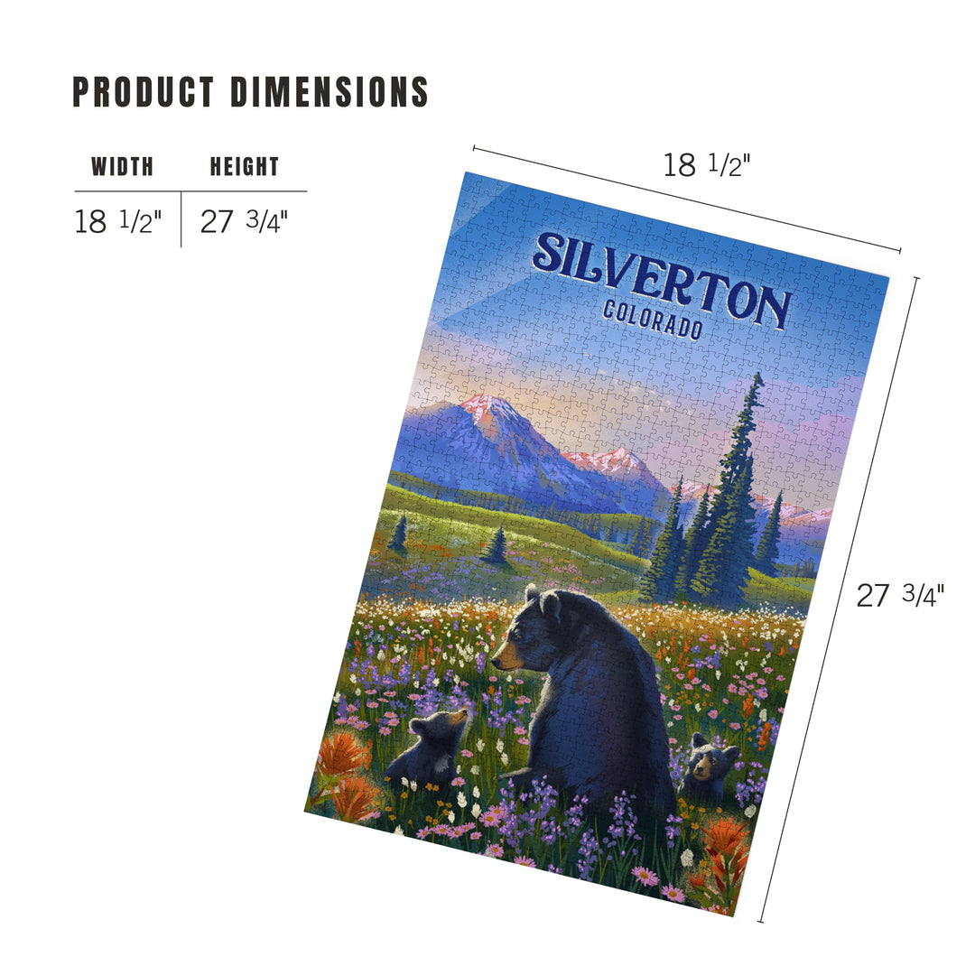 Silverton, Colorado, Lithograph, Bear Family in Field, Jigsaw Puzzle