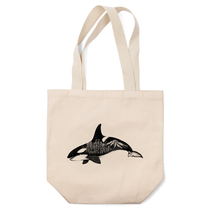 Orca and Seattle Skyline, Double Exposure, Lantern Press Artwork, Tote Bag