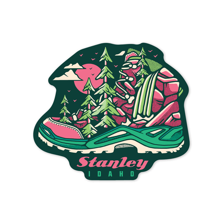 Stanley, Idaho, Hiking Boot, Distressed Vector, Contour, Vinyl Sticker