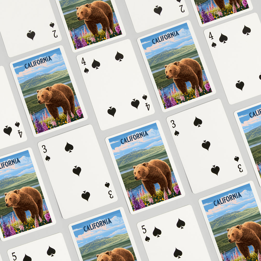 Playing Cards, California, Painterly, Grizzly Bear in Meadow, 52 Card Deck with Jokers in Box, Unique Art