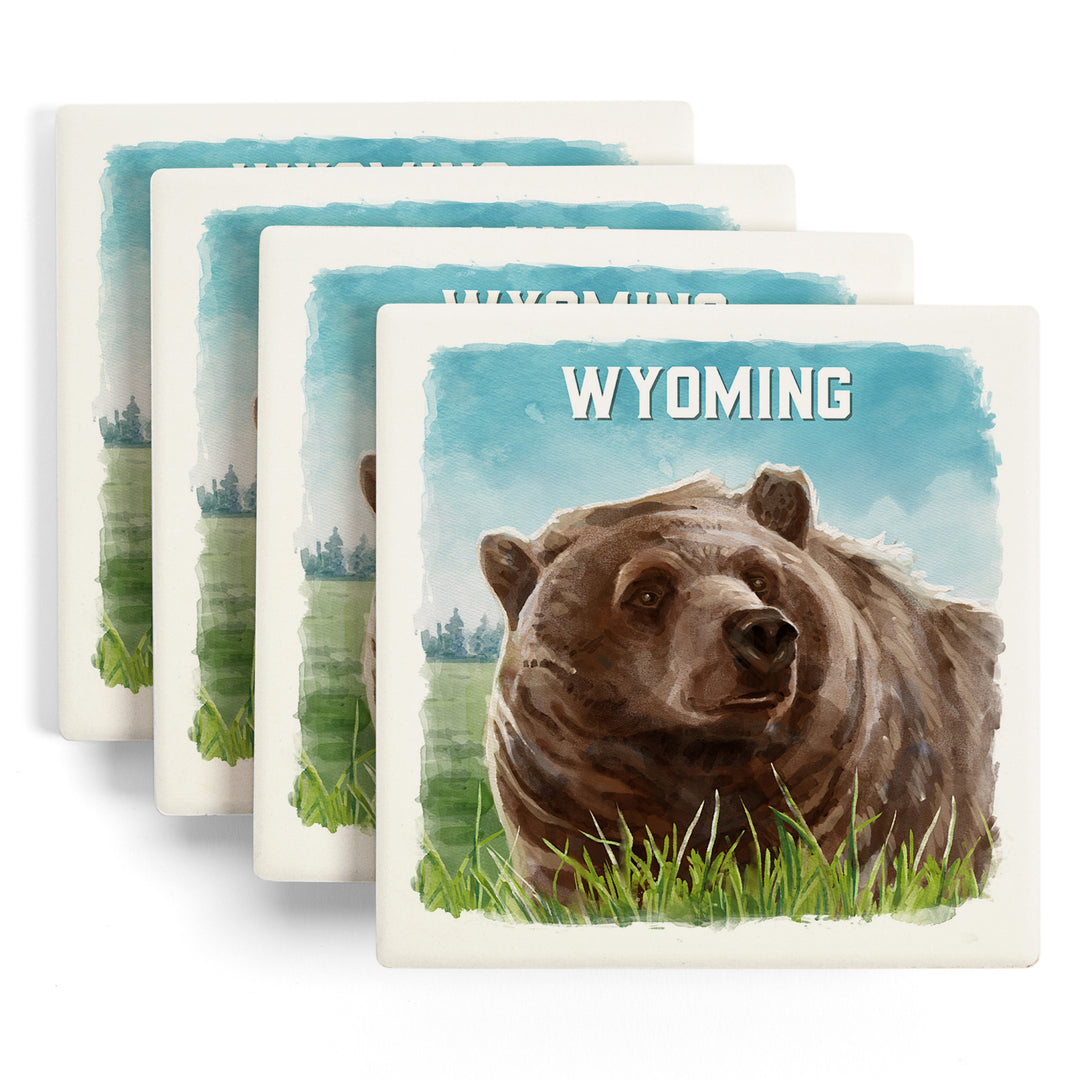 Wyoming, Watercolor Study, Grizzly Bear, Coaster Set