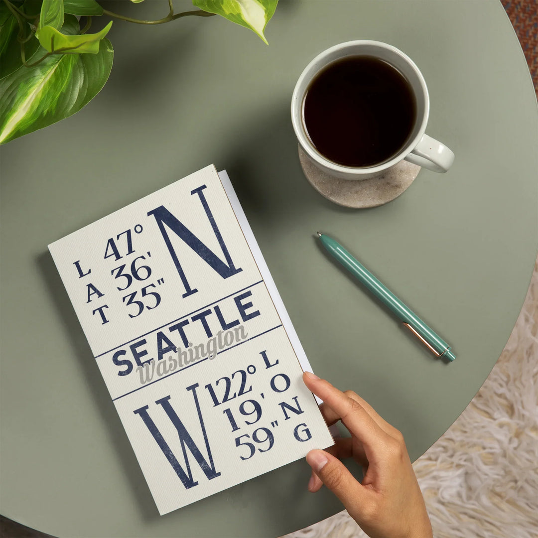 Lined 6x9 Journal, Seattle, Washington, Latitude and Longitude (Blue), Lay Flat, 193 Pages, FSC paper