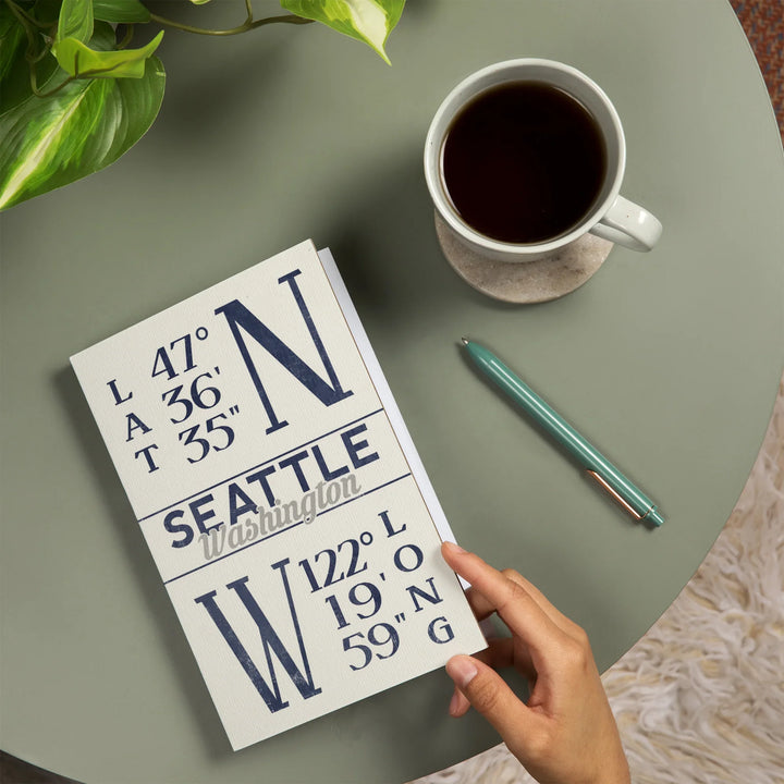 Lined 6x9 Journal, Seattle, Washington, Latitude and Longitude (Blue), Lay Flat, 193 Pages, FSC paper