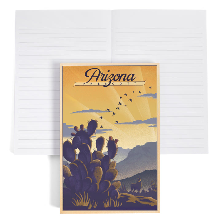 Lined 6x9 Journal, Prescott, Arizona, Lithograph, Cactus and Desert Scene, Lay Flat, 193 Pages, FSC paper