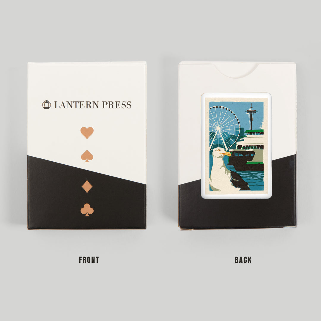 Playing Cards, Seattle, Washington, Woodblock City Series, Waterfront, 52 Card Deck with Jokers in Box, Unique Art