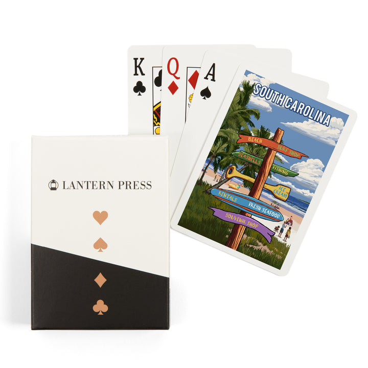Playing Cards, South Carolina, Signpost, Coast Beach with Palms, 52 Card Deck with Jokers in Box, Unique Art