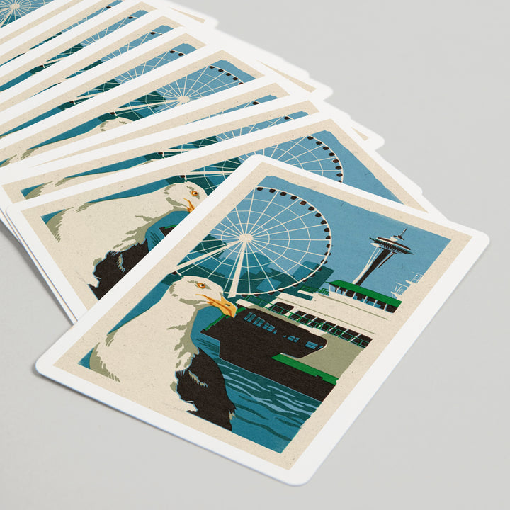 Playing Cards, Seattle, Washington, Woodblock City Series, Waterfront, 52 Card Deck with Jokers in Box, Unique Art