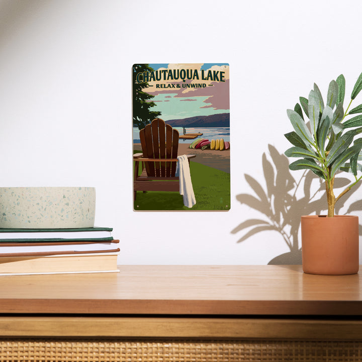 Chautauqua Lake, New York, Lake & Adirondack Chair, Lantern Press Artwork, Wood Signs and Postcards