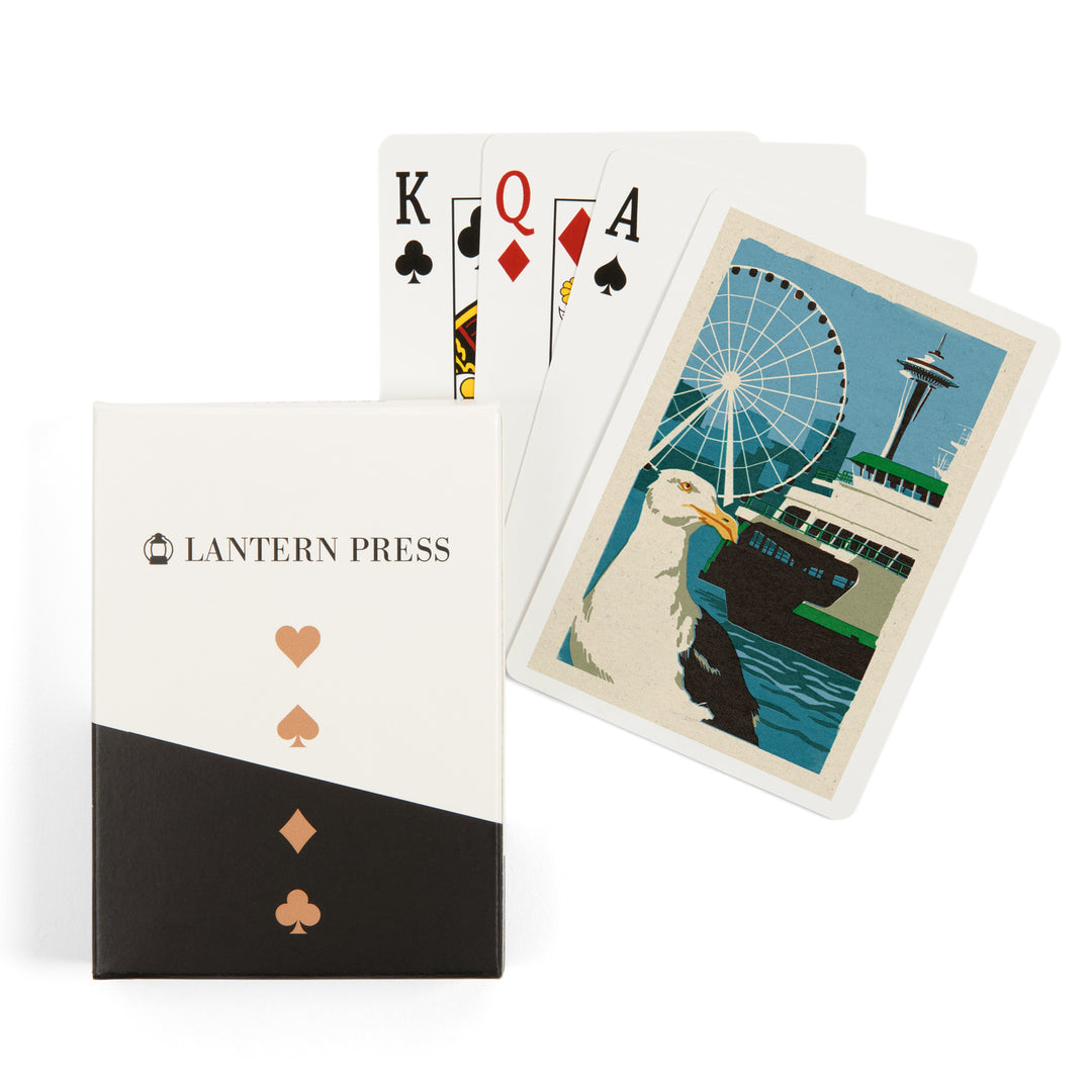 Playing Cards, Seattle, Washington, Woodblock City Series, Waterfront, 52 Card Deck with Jokers in Box, Unique Art