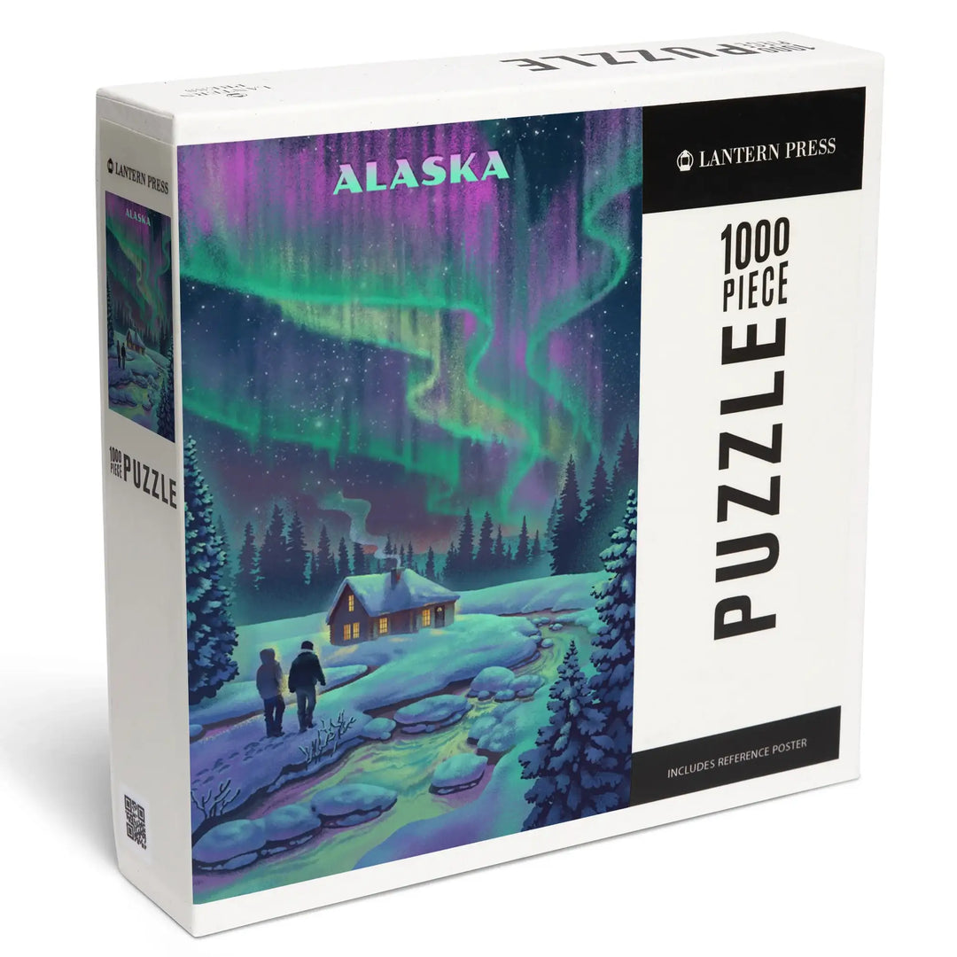 Alaska, Lithograph, Northern Lights and Cabin, Jigsaw Puzzle