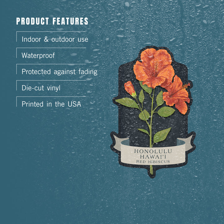 Honolulu, Hawaii, Vintage Flora Noir, Red Hibiscus, Vinyl Sticker
