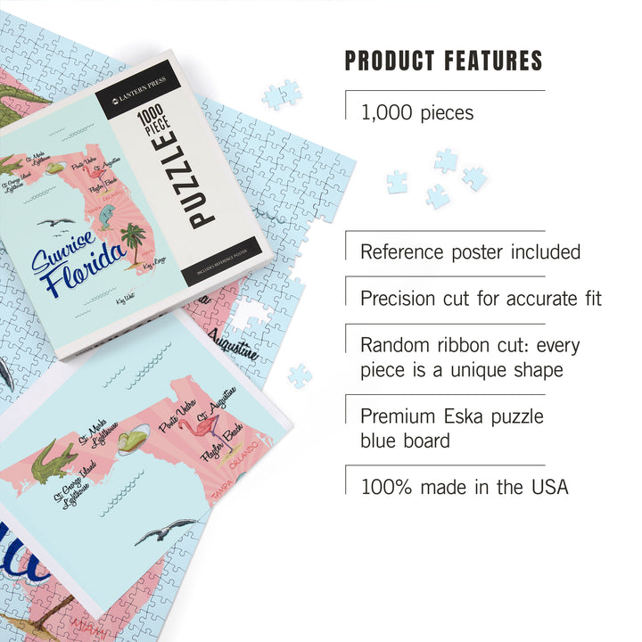 Sunrise, Florida, Typography and Icons, Pink and Blue, Jigsaw Puzzle