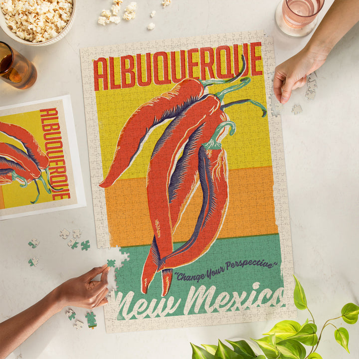 Albuquerque, New Mexico, Woodblock City Series, Chili Peppers, 1000 Piece Jigsaw Puzzle