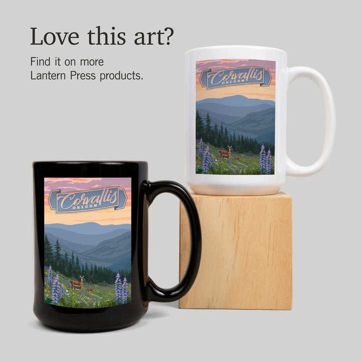 Corvallis, Oregon, Deer & Spring Flowers, Lantern Press Artwork, Ceramic Mug