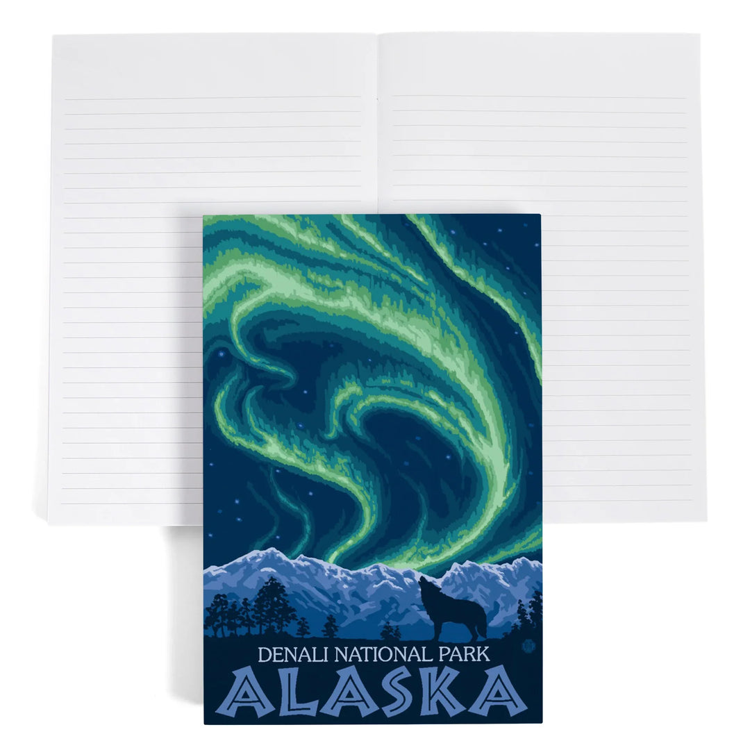 Lined 6x9 Journal, Denali National Park, Alaska, Northern Lights, Lay Flat, 193 Pages, FSC paper