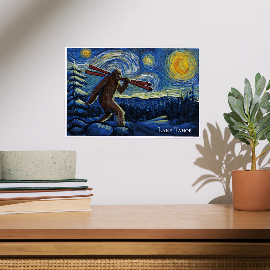 Lake Tahoe, California, Starry Night, Winter Bigfoot with Skis, Art & Giclee Prints
