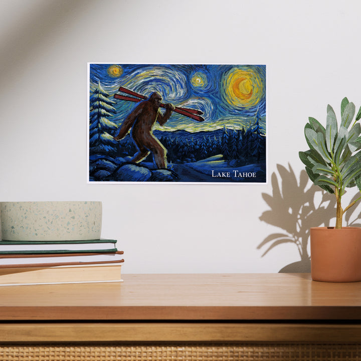 Lake Tahoe, California, Starry Night, Winter Bigfoot with Skis, Art & Giclee Prints