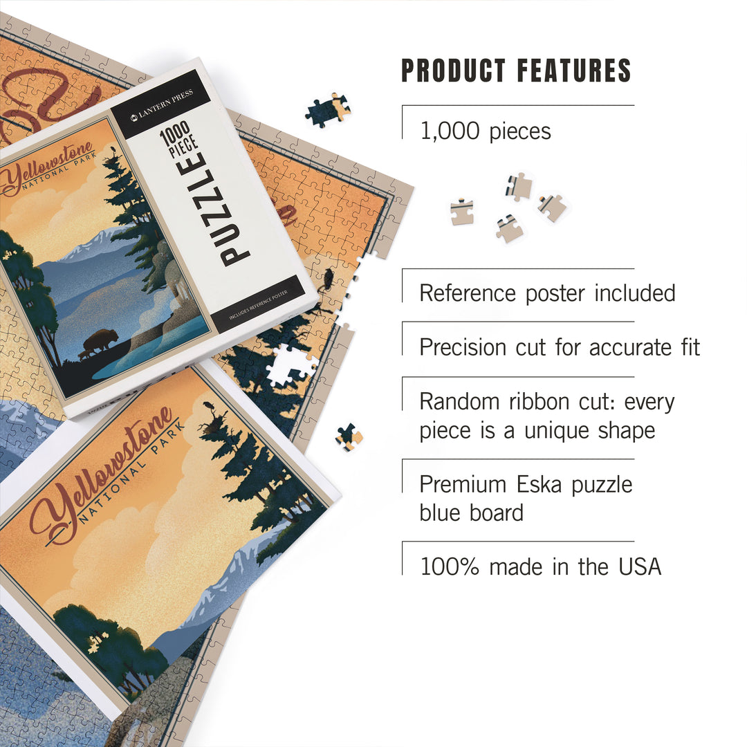 Yellowstone National Park, Bison and Lake, Lithograph National Park Series, Jigsaw Puzzle