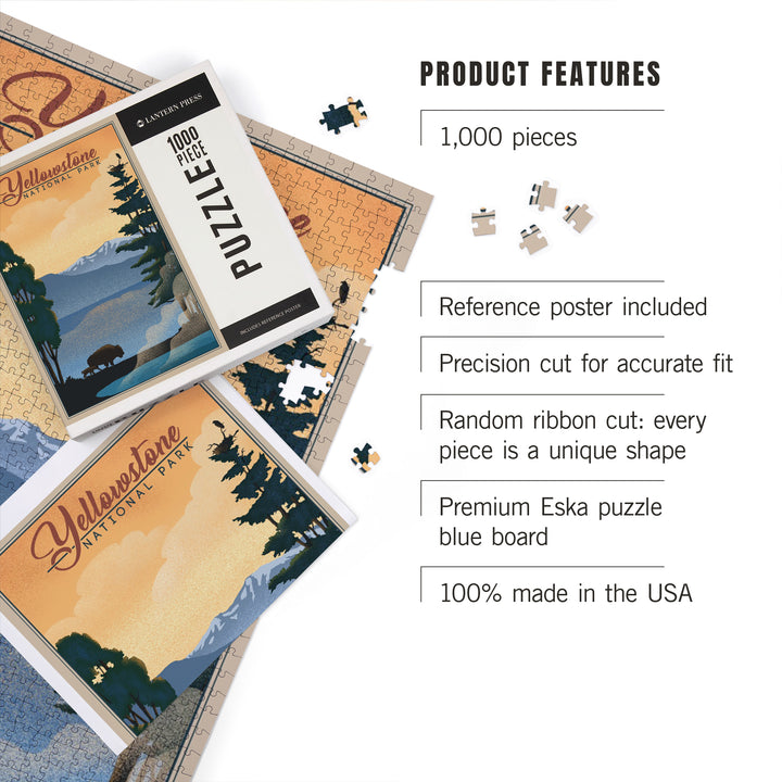 Yellowstone National Park, Bison and Lake, Lithograph National Park Series, Jigsaw Puzzle